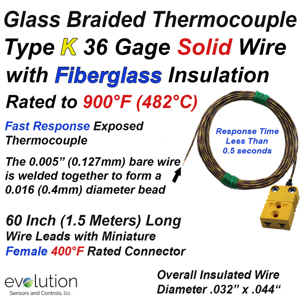 Type K Fine Wire Thermocouple 36 Gage Fiberglass and Miniature Female Connector