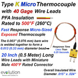 Type K Fine Wire PFA Insulated Thermocouple with 20 to 40 inches or Longer  Lead Wire and Miniature Connector