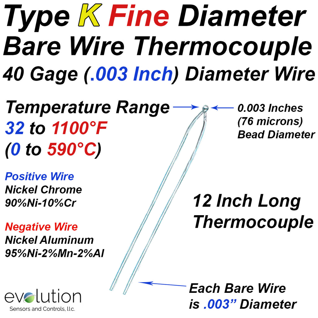 Type K Fine Diameter Bare Wire Thermocouple with 40 Gage (.003") Diameter 12 Inches Long