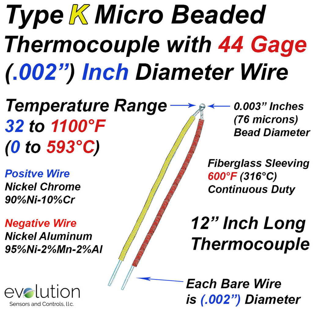 Ultra Fine Type K Thermocouple .002" Diameter with Fiberglass Sleeves 