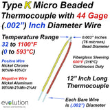 Ultra Fine Type K Thermocouple .002" Diameter with Fiberglass Sleeves 