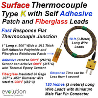 Surface Thermocouple Type K Fast Response with Surface Mount Adhesive Patch and 120 inches of 30 Gage Fiberglass Insulated Wire with Miniature Connector