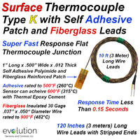 Surface Thermocouple Type K Fast Response with Surface Mount Adhesive Patch and 120 inches of 30 Gage Fiberglass Insulated Wire with Stripped Leads