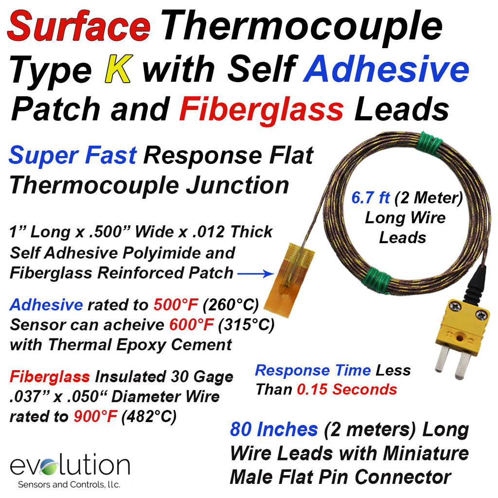 Surface Thermocouple Type K Fast Response 80" Fiberglass Wire and Mini Connector