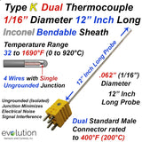Type K Dual Thermocouple 12" Inches Long 1/16" Diameter Inconel Sheath