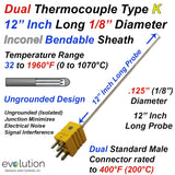 Dual Thermocouple Type K Inconel Sheath 12 Inches Long 1/8" Diameter