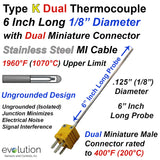 Type K Dual Thermocouple 1/8" Diameter 6 Inches Long and Mini Connector
