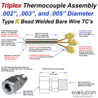 Type K Triplex Exposed Thermocouple Sensor Assembly 6 Inches Long