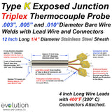 K Type Exposed Triplex Thermocouple Assembly with a 1/4" Diameter 12 Inch Long Stainless Steel Sheath and Miniature Connectors