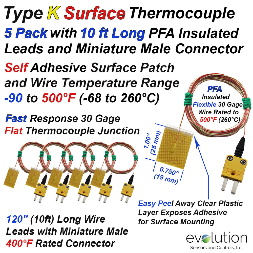 Type K Surface Thermocouples 5 Pack 120 Inch Wire and Mini Connector