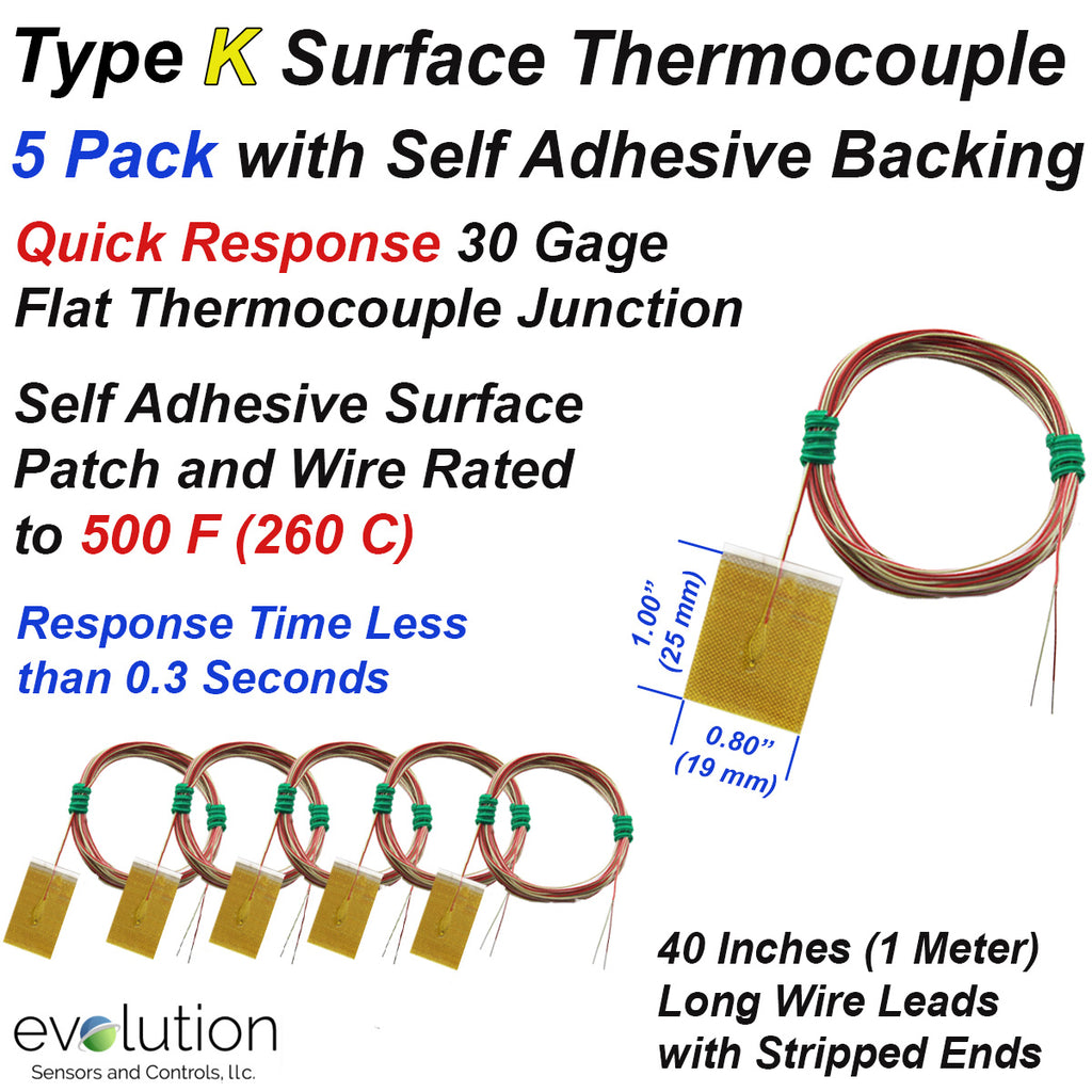 5 Pack of Type K Surface Thermocouples with Self Adhesive Patch and 40 inches of Lead Wire with Stripped Ends