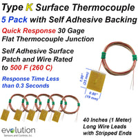 5 Pack of Type K Surface Thermocouples with Self Adhesive Patch and 40 inches of Lead Wire with Stripped Ends