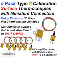 Type K Surface Thermocouple 5 Pack with 80 Inch Leads and Miniature Connector