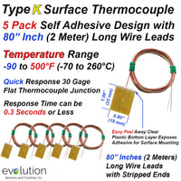 5 Pack of Surface Thermocouples with Self-Adhesive Patch 80 Inch Leads