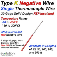 Single Thermocouple Wire Type K Negative 30 Gage FEP Insulated