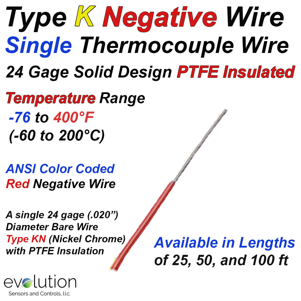 Single Thermocouple Wire Type K Negative 24 Gage PTFE Insulated
