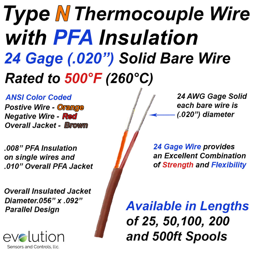 Type N Thermocouple Wire 24 Gage Solid with PFA Insulation