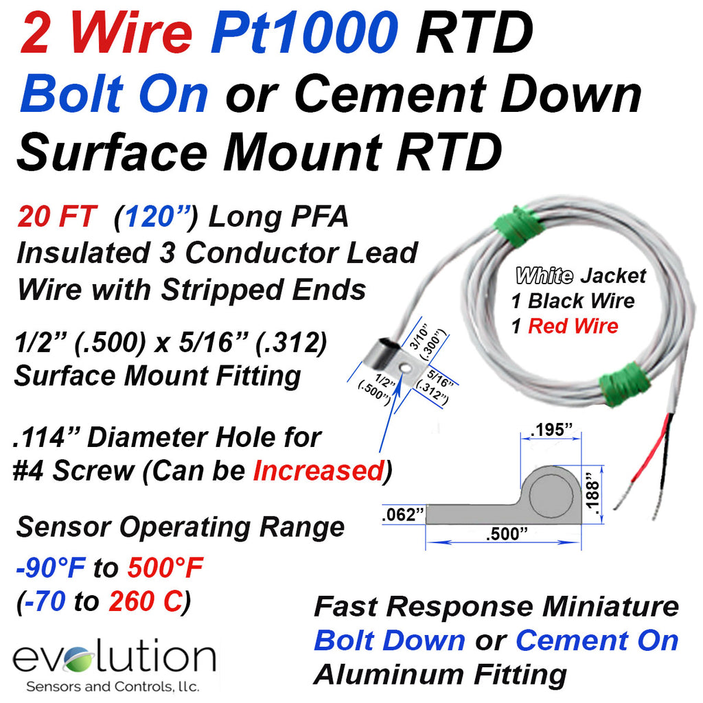 2 Wire Pt1000 Bolt On Surface Mount RTD with 20ft Long Wire Leads ...