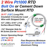 2 Wire Pt1000 Bolt On Surface Mount RTD with 20ft Long Wire Leads