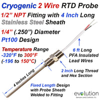 Cryogenic 2 Wire Industrial Pt100 RTD with a 1/2