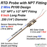 2 Wire RTD Pt100 Probe 6" Long with 1/2" x 1/2" NPT Fitting and lead wire