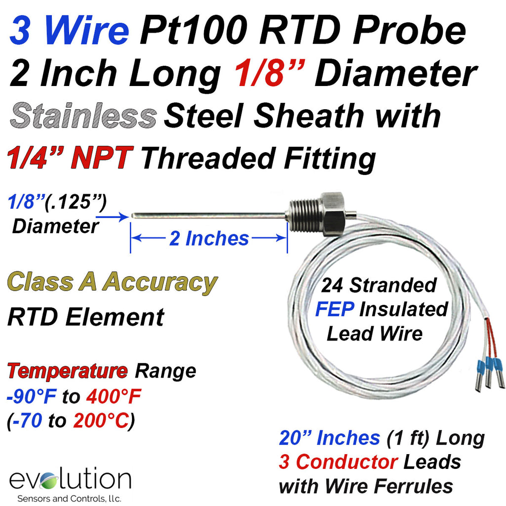 3 Wire Pt100 RTD with a 1/4 NPT Fitting on a 1/8" Diameter 2" Inch Long Probe with FEP Insulated Leads - Wire Ferrules or Stripped Ends Terminiation