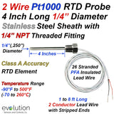 2 Wire Pt1000 RTD Probe 4" Long with 1/4 NPT Fitting and Wire Leads