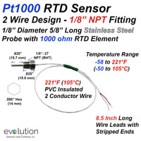 Pt1000 RTD Sensor 2 Wire Design - 1/8” NPT Fitting