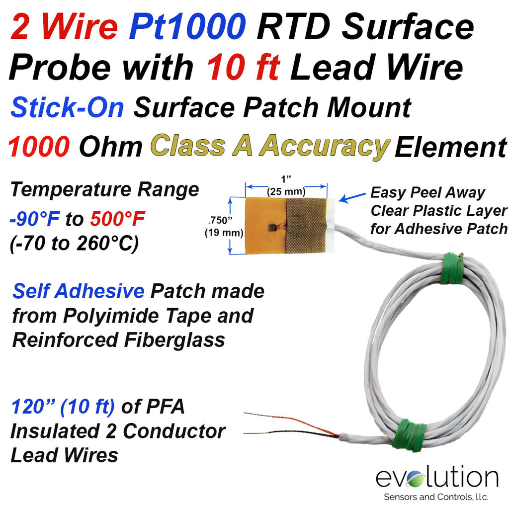 2 Wire RTD Pt1000 Surface Temperature Sensor with Self Adhesive Patch and with  10, 15 or 20ft Wire Leads