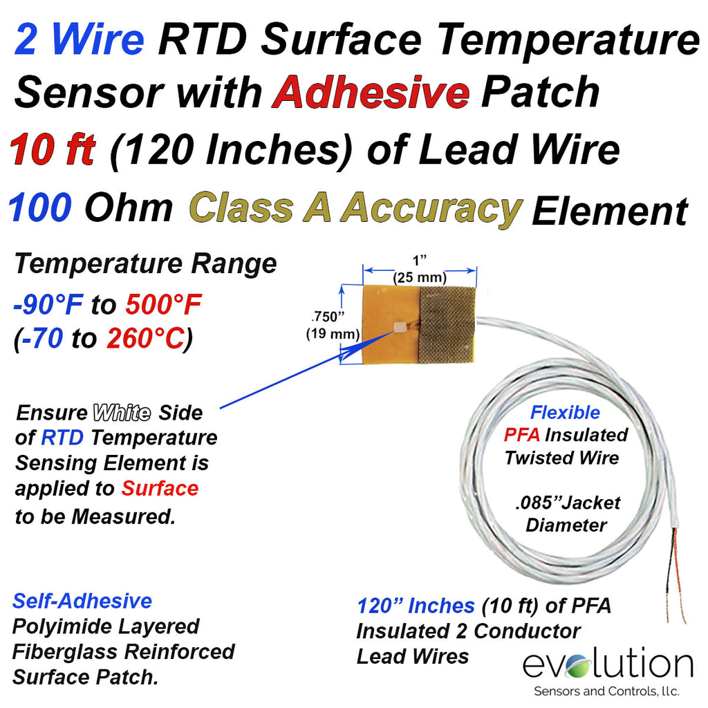2 Wire Pt100 Ohm RTD with Adhesive Surface Patch and 10ft of Twisted Wire Leads