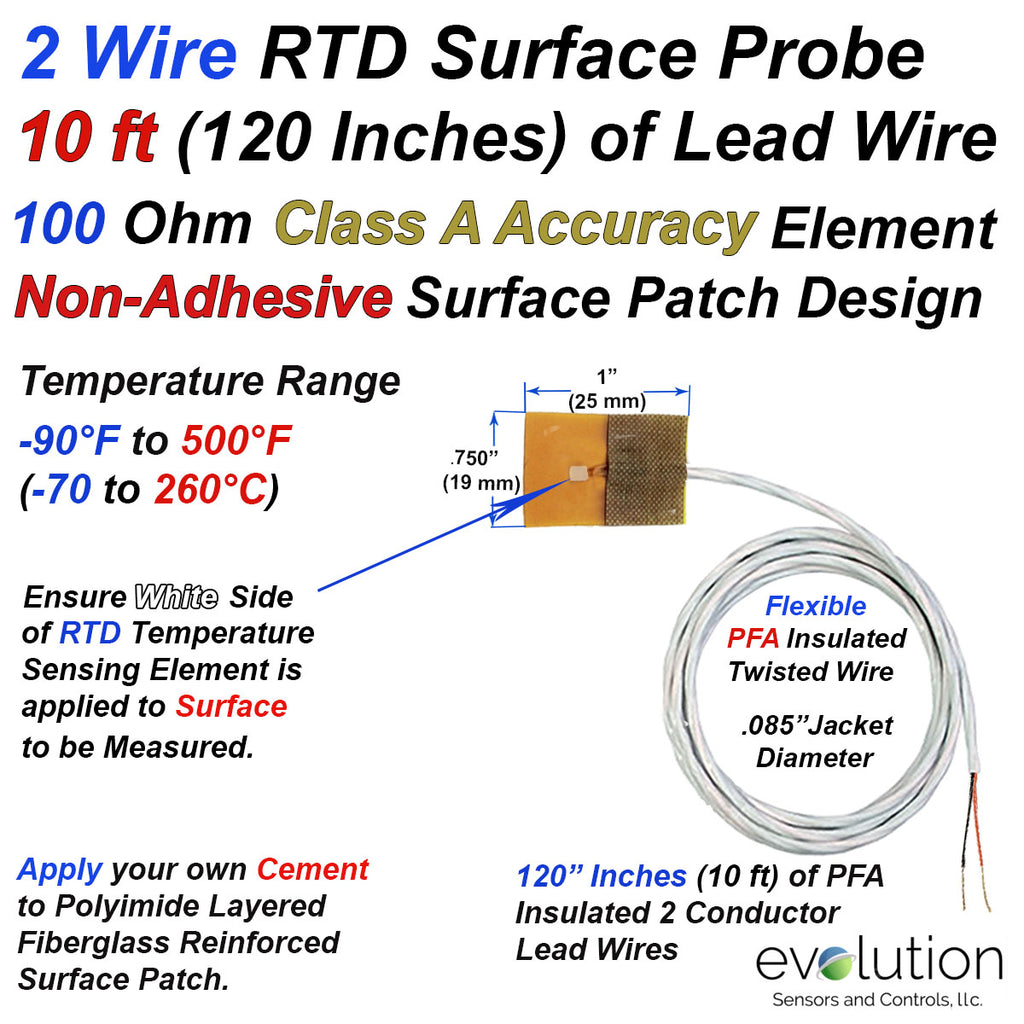 2 Wire Pt100 Ohm RTD Surface Temperature Sensor with Non Adhesive Patch and  10ft Long Leads