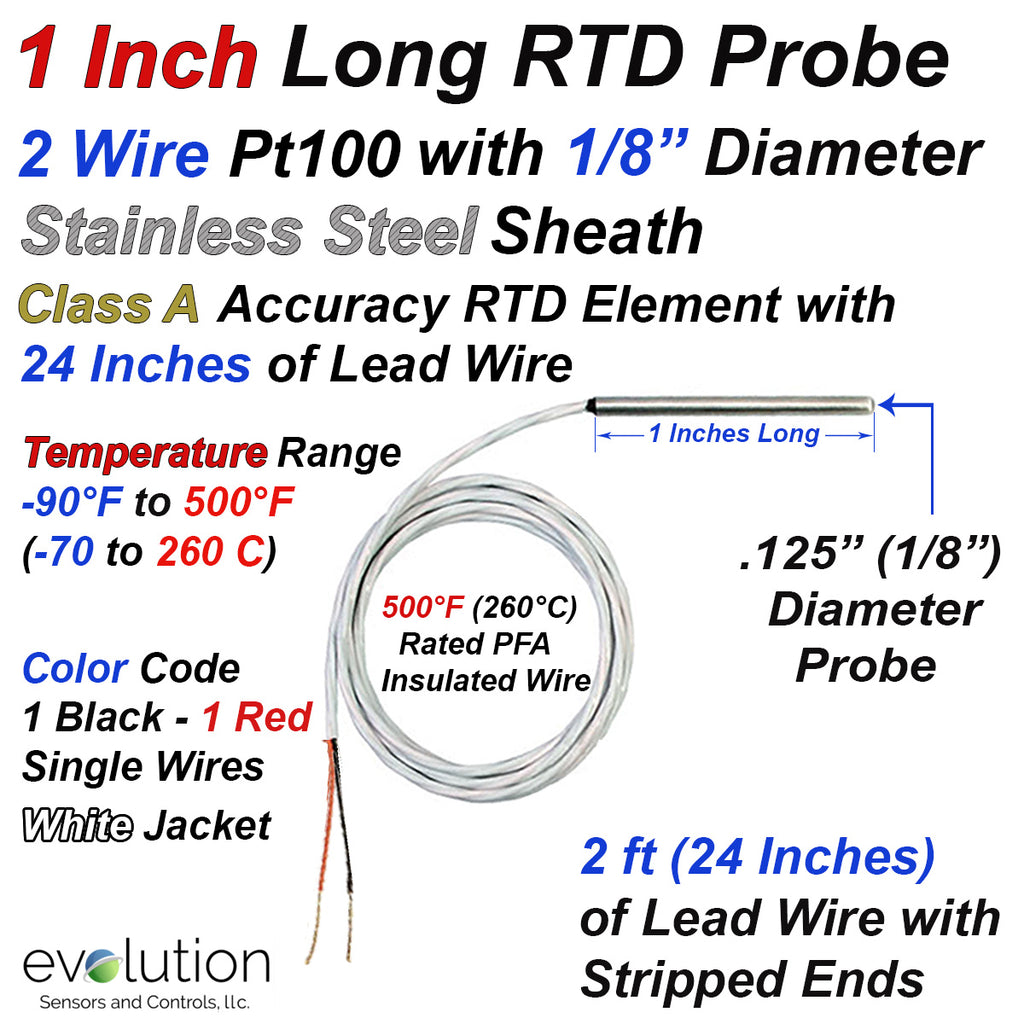 1 Inch Long 2 Wire Pt100 RTD Probe with 1/8" Diameter Stainless Steel Sheath