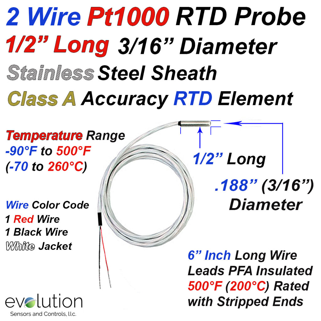 2 Wire Pt1000 RTD Probe 1/2 Inch Long 3/16" Diameter 6 Inch Long Leads