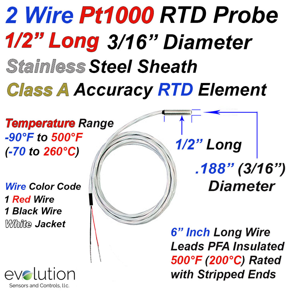 Rtd Size 2 Wire Pt1000 RTD Probe 1/2 Inch Long 3/16
