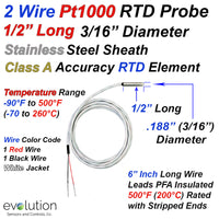 2 Wire Pt1000 RTD Probe 1/2 Inch Long 3/16