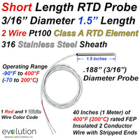 2 Wire Pt100 RTD Probe - Short length design 1.5 Inches Long x 3/16