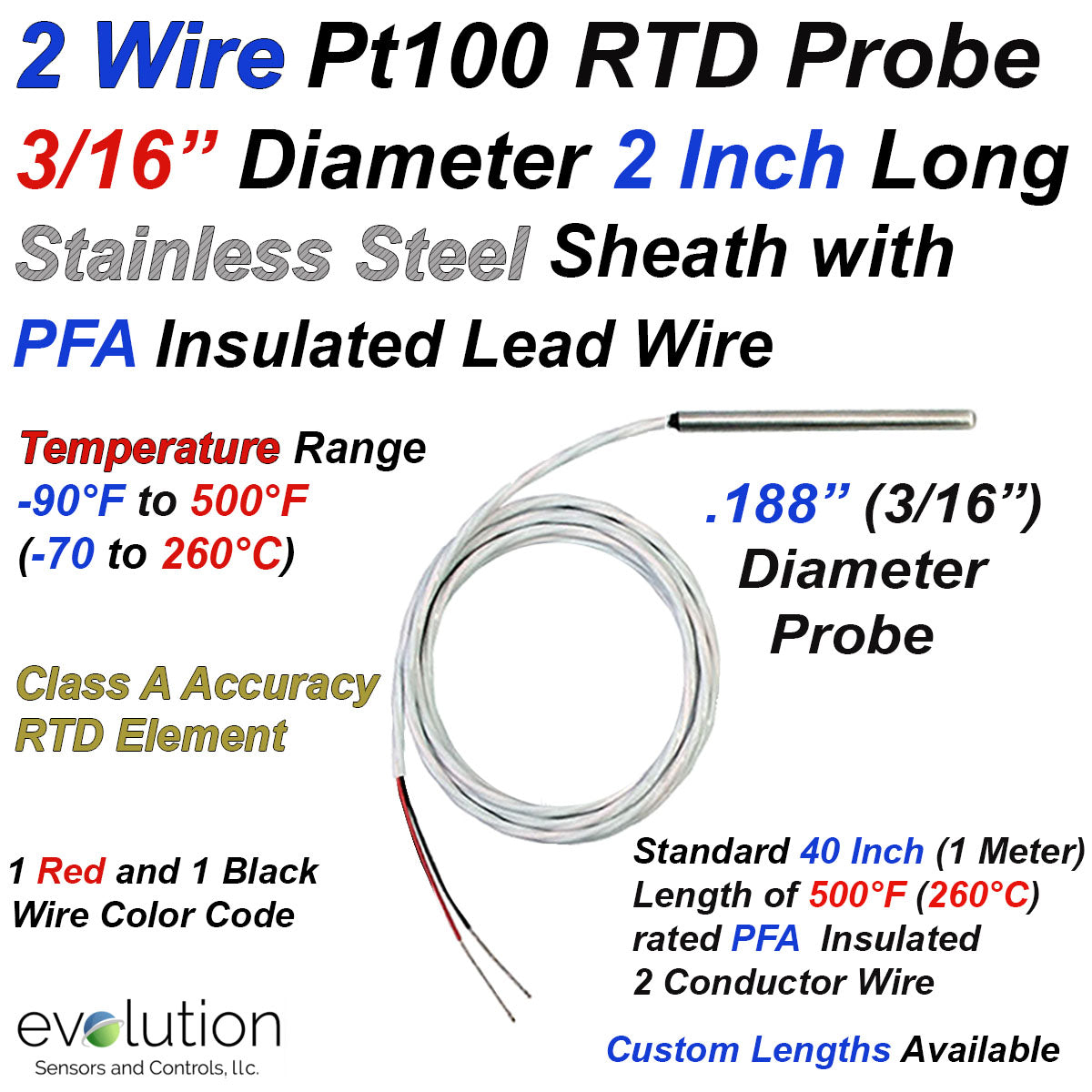 Wire Pt100 RTD Probe Inches Long 3/16 Diameter with Lead Wire