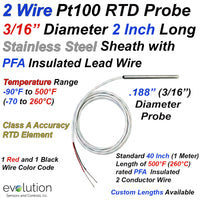 2 Wire Pt100 RTD Probe 2 Inches Long 3/16 Diameter with Lead Wire