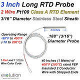 3 Inch Long RTD Probe 2 Wire Pt100 Design with 3/16" Diameter Sheath