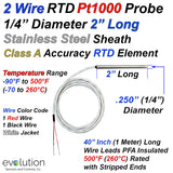 2 Wire Pt1000 RTD Probe 2 Inch Long 1/4" Diameter with PFA Lead Wire