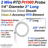 2 Wire Pt1000 RTD Probe 2 Inch Long 1/4" Diameter 6 Inch Long Leads