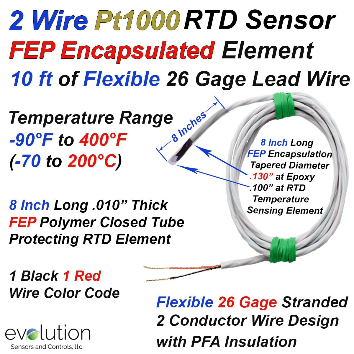 2 Wire Pt1000 RTD FEP Encapsulated with10ft of Flexible Lead Wire ...