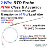 2 Wire RTD Probe 18 Inches Long 1/8 Diameter with 10ft Long Leads