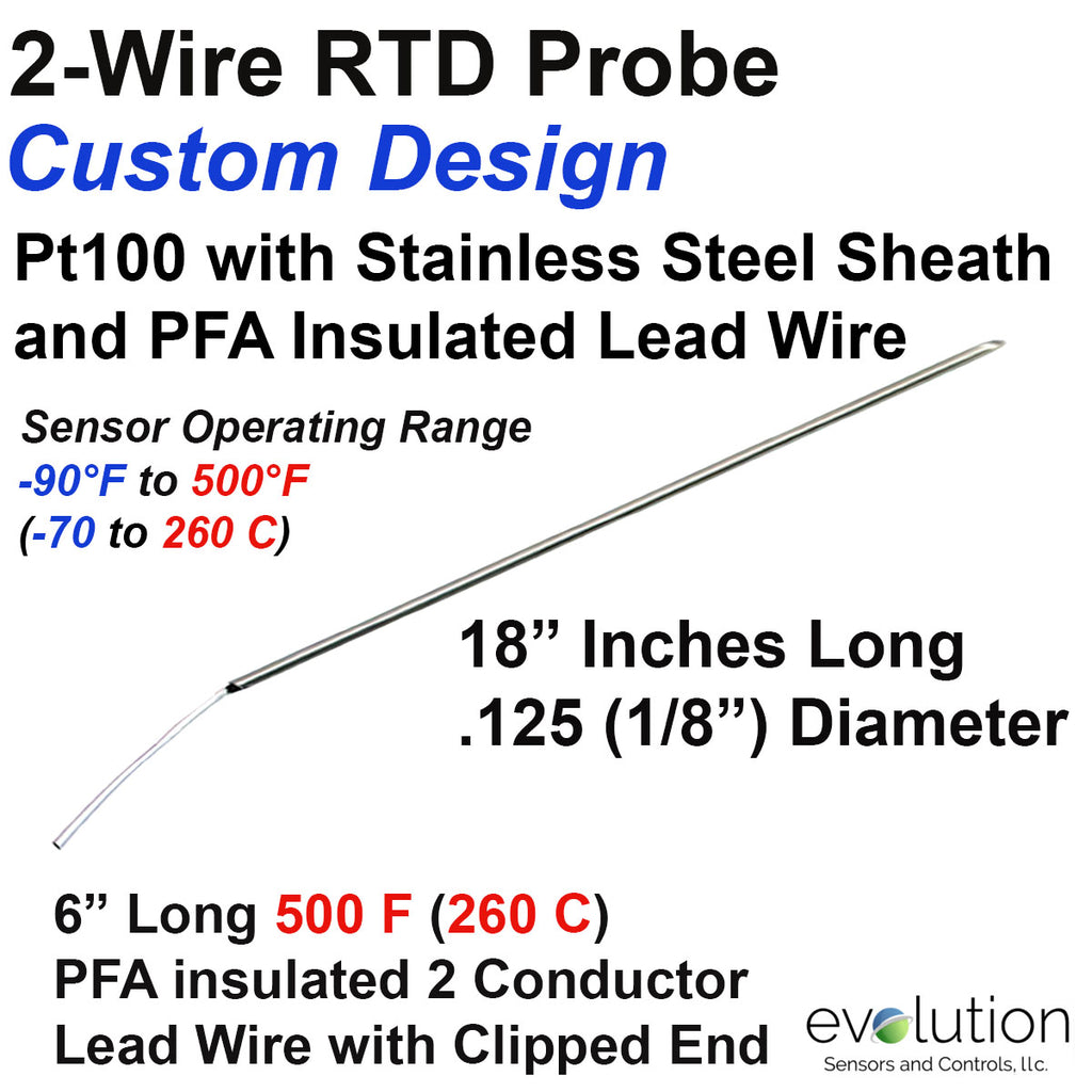 2-Wire RTD Probe 18" Long x 1/8" Diameter with PFA Insulated Lead Wire