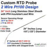 2 Wire RTD Probe Pt100 with 24" Long x 1/8" Diameter Stainless Steel Sheath and 6 inches of Lead Wire
