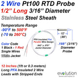 2 Wire RTD Probe 1/2 Inch Long 3/16" Diameter with 12 Inch Wire Leads