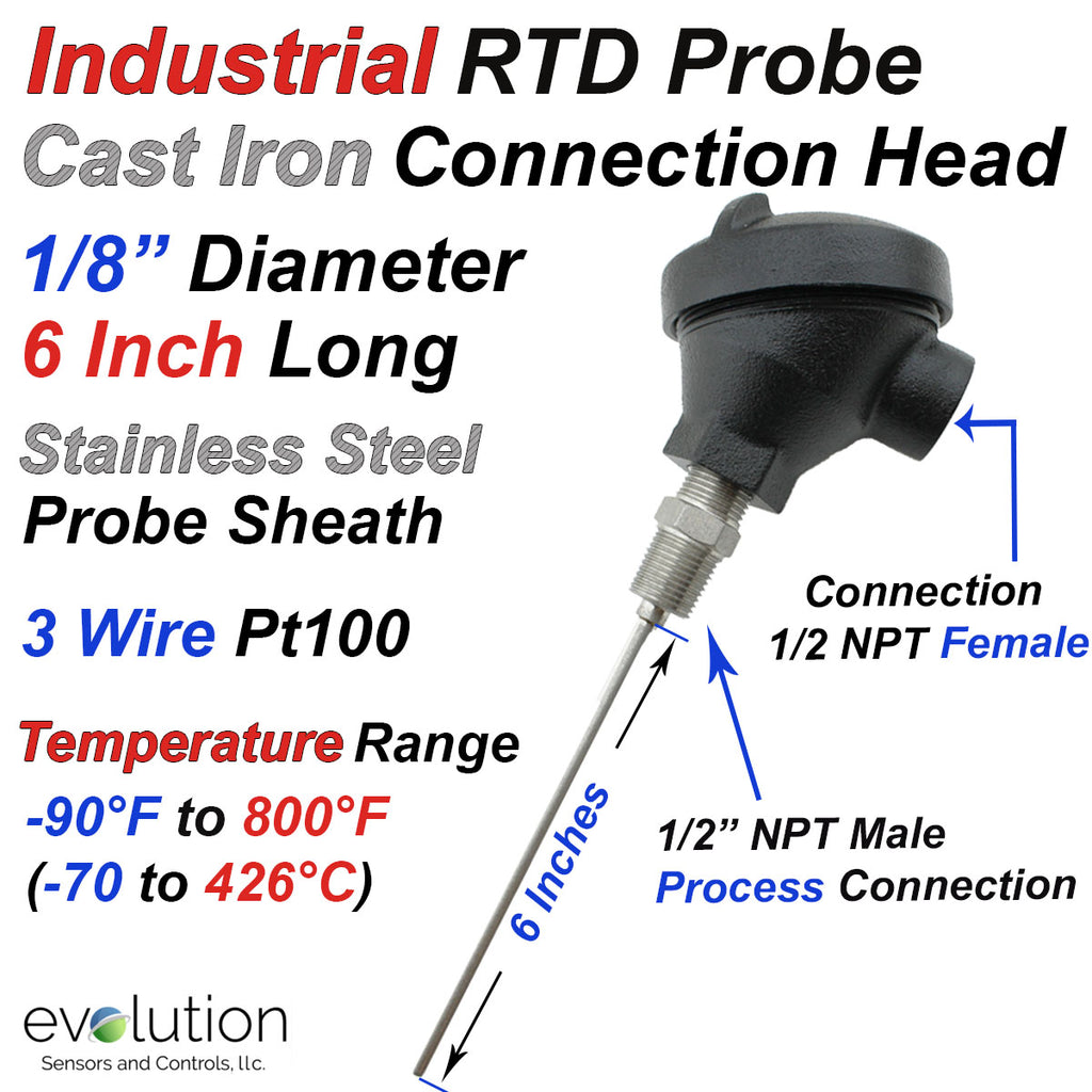 Industrial RTD Probe 1/8" Diameter 6" Long with Rugged Connection Head