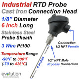 Industrial RTD Probe 1/8" Diameter 6" Long with Rugged Connection Head