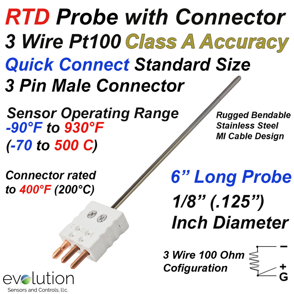 RTD Probe with a 3 Pin Male Standard Connector 6" Long x 1/8" Diameter