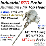 Industrial RTD Probe Aluminum Flip Top Connection Head 12" Long 1/4" Diameter
